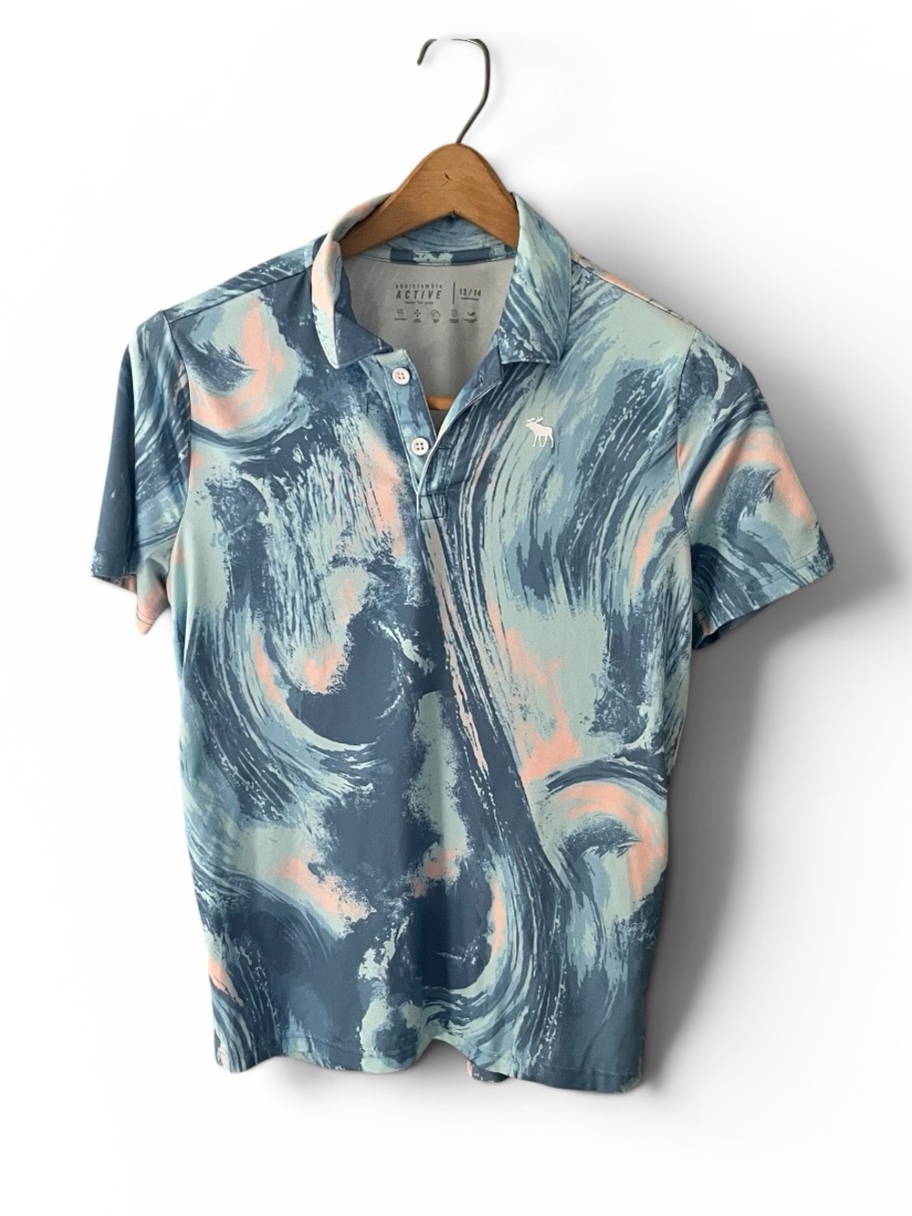 Abercrombie Kids Active Polo Shirt Boy’s Size 13/14 Blue Pink Marble Swirl